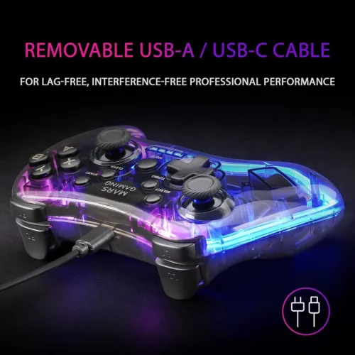 Mars Gaming MGP-C Vezetékes Gamepad, Neon RGB, Átlátszó Fekete, Dual Haptic Vibration, 20 Gomb, Analóg Joystick, USB-A USB-C, 2 m Kábel, PC, Switch, PS3, Android
