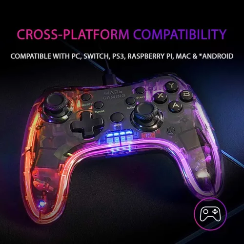 Mars Gaming MGP-C Vezetékes Gamepad, Neon RGB, Átlátszó Fekete, Dual Haptic Vibration, 20 Gomb, Analóg Joystick, USB-A USB-C, 2 m Kábel, PC, Switch, PS3, Android