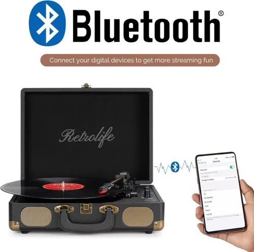 Retrolife INDIVIDUAL Hordozható Lemezjátszó, 3 Sebesség 33/45/78 RPM, Bluetooth, Szíjhajtás, Beépített Sztereó Hangszóró, RCA Kimenet, AUX, Fejhallgató, Fekete