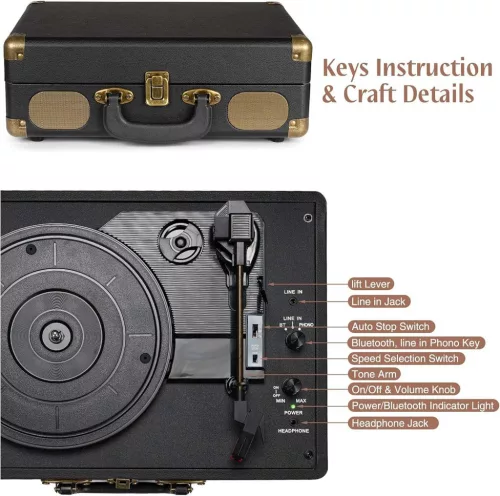 Retrolife INDIVIDUAL Hordozható Lemezjátszó, 3 Sebesség 33/45/78 RPM, Bluetooth, Szíjhajtás, Beépített Sztereó Hangszóró, RCA Kimenet, AUX, Fejhallgató, Fekete
