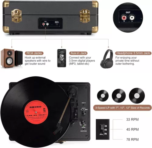Retrolife INDIVIDUAL Hordozható Lemezjátszó, 3 Sebesség 33/45/78 RPM, Bluetooth, Szíjhajtás, Beépített Sztereó Hangszóró, RCA Kimenet, AUX, Fejhallgató, Fekete