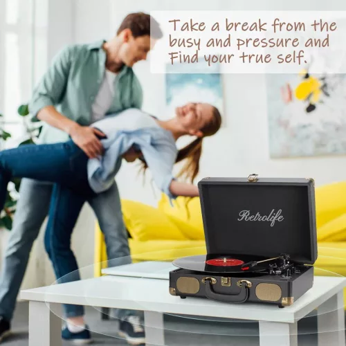 Retrolife INDIVIDUAL Hordozható Lemezjátszó, 3 Sebesség 33/45/78 RPM, Bluetooth, Szíjhajtás, Beépített Sztereó Hangszóró, RCA Kimenet, AUX, Fejhallgató, Fekete
