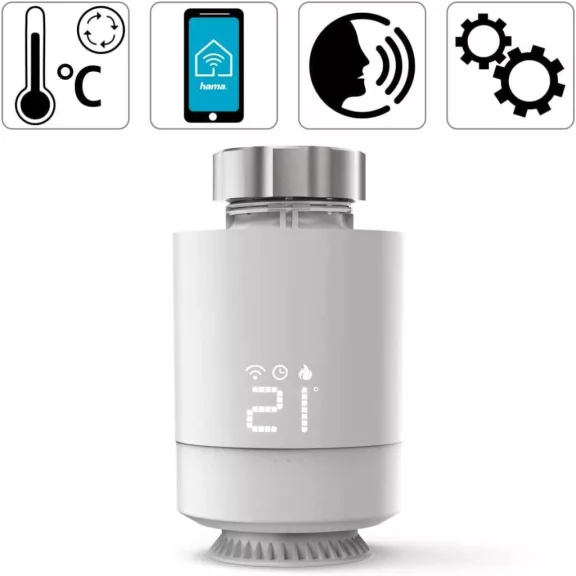 Hama 176592 Okos Radiátor Termosztát, Wi-Fi, Zigbee, Programozható, LED Kijelző, App Vezérlés, Érzékelés Ablaknyitás, Fagyvédelem, Fehér