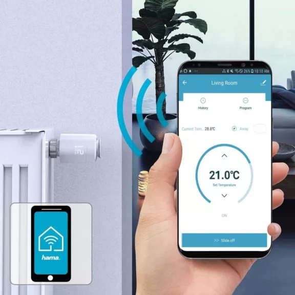 Hama 176592 Okos Radiátor Termosztát, Wi-Fi, Zigbee, Programozható, LED Kijelző, App Vezérlés, Érzékelés Ablaknyitás, Fagyvédelem, Fehér