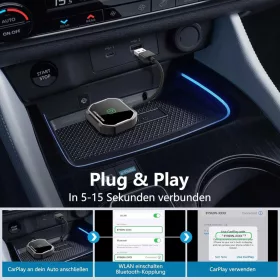   TERUNSOUl BY969N Carplay Wireless Adapter, Vezetékes CarPlay Átalakítás Vezeték Nélküli CarPlay, iPhone iOS 10+, USB Type A, USB Type C, Fekete