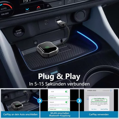 TERUNSOUl BY969N Carplay Wireless Adapter, Vezetékes CarPlay Átalakítás Vezeték Nélküli CarPlay, iPhone iOS 10+, USB Type A, USB Type C, Fekete