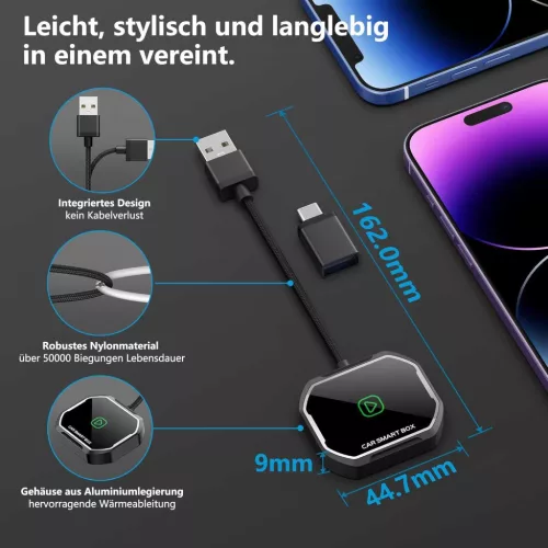 TERUNSOUl BY969N Carplay Wireless Adapter, Vezetékes CarPlay Átalakítás Vezeték Nélküli CarPlay, iPhone iOS 10+, USB Type A, USB Type C, Fekete