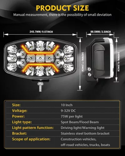CO LIGHT 958V-WY-SL LED Munkalámpa, 75W, 15000 lm, 6500K, Amber DRL, Fehér Főfény, Kombinált Fény, IP68, 12V, 24V, Konzolos Rögzítés, Állítható Irány