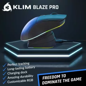   KLIM Blaze Vezeték Nélküli Gaming Egér, USB, Optikai, 6000 DPI, RGB Világítás, Beépített Lítium-Polimer Akkumulátor, Töltőállomás, 7 Gomb, Fekete