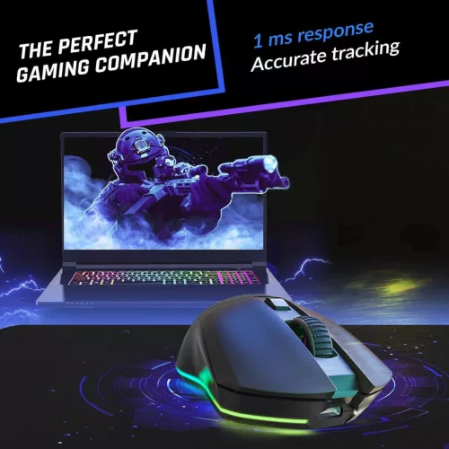 KLIM Blaze Vezeték Nélküli Gaming Egér, USB, Optikai, 6000 DPI, RGB Világítás, Beépített Lítium-Polimer Akkumulátor, Töltőállomás, 7 Gomb, Fekete