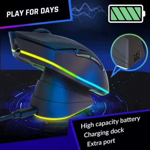 KLIM Blaze Vezeték Nélküli Gaming Egér, USB, Optikai, 6000 DPI, RGB Világítás, Beépített Lítium-Polimer Akkumulátor, Töltőállomás, 7 Gomb, Fekete