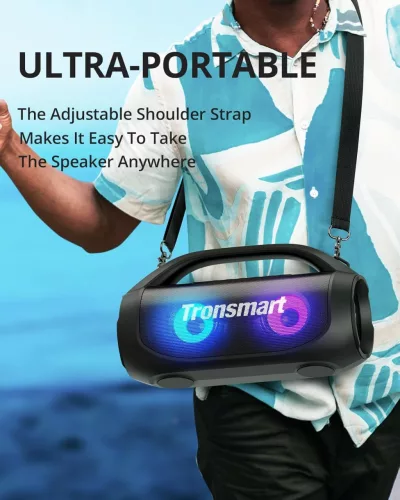 Tronsmart Bang SE Kültéri Bluetooth Hangszóró, 40 W, Sztereó, Bluetooth 5.3, 24 Óra Üzemidő, IPX6 Vízálló, LED Fény, Vállpánt