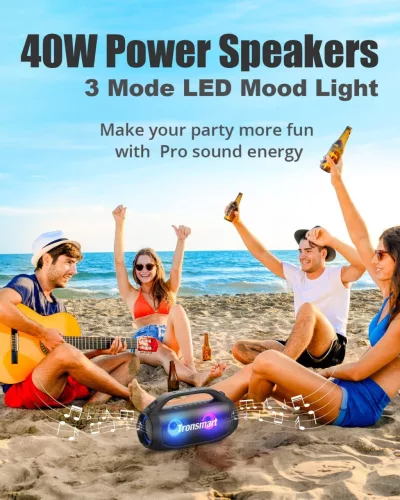 Tronsmart Bang SE Kültéri Bluetooth Hangszóró, 40 W, Sztereó, Bluetooth 5.3, 24 Óra Üzemidő, IPX6 Vízálló, LED Fény, Vállpánt