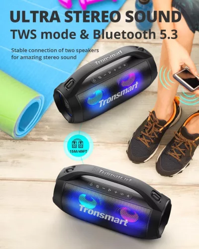 Tronsmart Bang SE Kültéri Bluetooth Hangszóró, 40 W, Sztereó, Bluetooth 5.3, 24 Óra Üzemidő, IPX6 Vízálló, LED Fény, Vállpánt