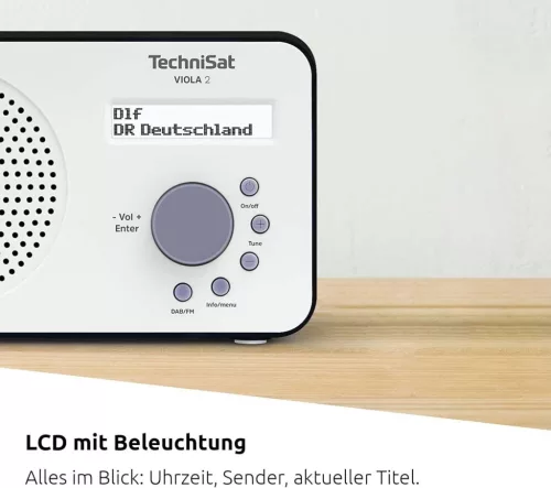 TechniSat Viola 2 Hordozható Rádió, DAB+, FM RDS, Internet Radio, LCD Kijelző, Automatikus Állomáskeresés, Elektronikus Hangerőszabályzás, Fejhallgató Kimenet, Fehér/Fekete