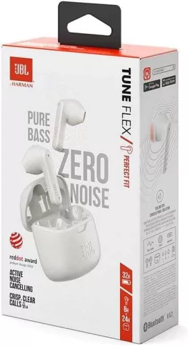 JBL Tune Flex TWS Vezeték Nélküli Fülhallgató, In Ear, True Wireless, Bluetooth 5, 12 mm Hangszóró, 32 Óra Zenelejátszás, Zajszűrés, Fehér