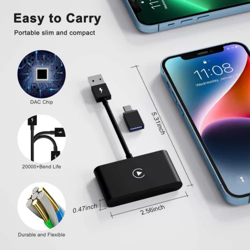 Vinmooog Vezeték Nélküli CarPlay Adapter, iPhone, Vezetékes CarPlay Átalakítás Vezeték Nélkülire, Bluetooth, 5 GHz WiFi, USB, USB–USB-C Adapter, Fekete