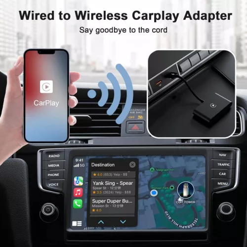 Vinmooog Vezeték Nélküli CarPlay Adapter, iPhone, Vezetékes CarPlay Átalakítás Vezeték Nélkülire, Bluetooth, 5 GHz WiFi, USB, USB–USB-C Adapter, Fekete