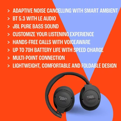 JBL Tune 770NC Vezeték Nélküli Fejhallgató, Over Ear, Bluetooth 5.3, Adaptive Noise Cancelling, JBL Pure Bass, 70 Óra Üzemidő, Fekete