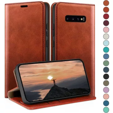   HUOUH Samsung Galaxy S10 Műbőr Tok, Tárcafunkció, Több Kártyatartó, RFID Árnyékolás, 360 Fokos Védelem, Ütéscsillapító, Lehajtható Előlap, Narancs