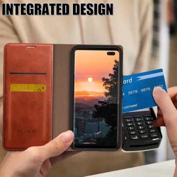   HUOUH Samsung Galaxy S10 Műbőr Tok, Tárcafunkció, Több Kártyatartó, RFID Árnyékolás, 360 Fokos Védelem, Ütéscsillapító, Lehajtható Előlap, Narancs