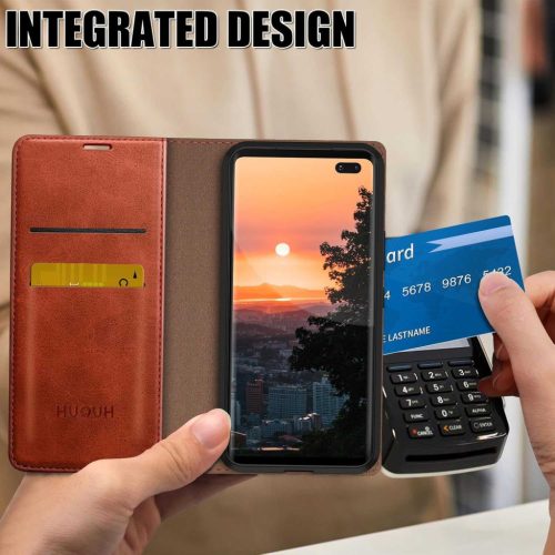 HUOUH Samsung Galaxy S10 Műbőr Tok, Tárcafunkció, Több Kártyatartó, RFID Árnyékolás, 360 Fokos Védelem, Ütéscsillapító, Lehajtható Előlap, Narancs