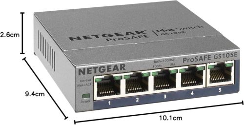 NETGEAR GS105E-200PES Smart Managed Plus Switch, 5 Gigabit Port, 10/100/1000 Mb/s, VLAN, QoS, DoS, IGMP Snooping, IEEE802.3az, Ventilátor Nélküli, Fém Ház, Szürke