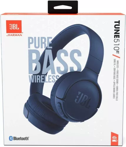 JBL Tune 510BT Bluetooth Fejhallgató, On Ear, Vezeték Nélküli, JBL Pure Bass Hangzás, 32 Ω, 94 dB, Passzív Zajszűrés, USB-C Töltés, 40 Óra Üzemidő, Kék