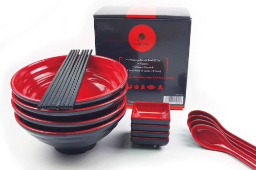 Goliber Japán Ramen Készlet 16 darabos - 950 ml piros kerámia tálak pálcikával és kanállal