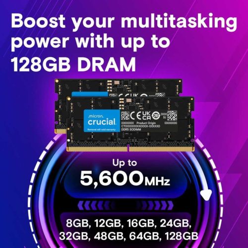 Crucial 16GB DDR5 5600 Mhz SODIMM Laptop Memória, CL46, 1,1V, Unbuffered, On-Die ECC, CT16G56C46S5, Fekete