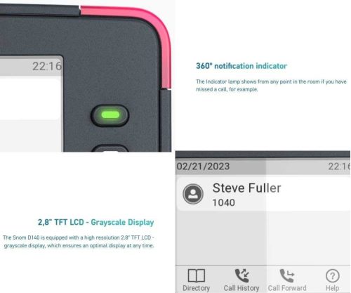 Snom D140 Asztali VoIP Telefon, Vezetékes, PoE, Alacsony Fogyasztás, 2 SIP Fiók, 2,8 TFT LCD Kijelző, Digitális Üzenetrögzítő, Fekete