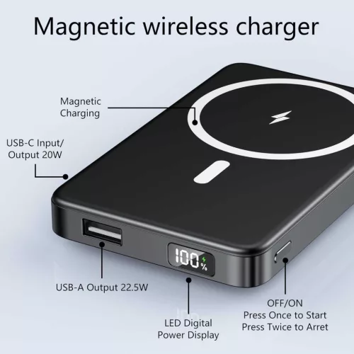 YUJE B20 Magnetic Power Bank, 10000mAh, 15W Vezeték Nélküli Töltés, PD 20W Gyors Töltés, USB Type C, USB-A, Könnyű, Zsebméret, Digitális Kijelző, Fekete