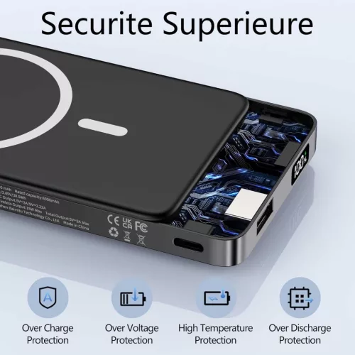 YUJE B20 Magnetic Power Bank, 10000mAh, 15W Vezeték Nélküli Töltés, PD 20W Gyors Töltés, USB Type C, USB-A, Könnyű, Zsebméret, Digitális Kijelző, Fekete