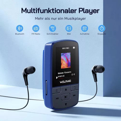 WOLFANG WMP01 MP3 Lejátszó, 64 GB, Bluetooth 5.2, Sportcsipesz, HiFi Veszteségmentes Hang, FM Rádió, Hangrögzítő, Mikro SD, Fejhallgató, Kék