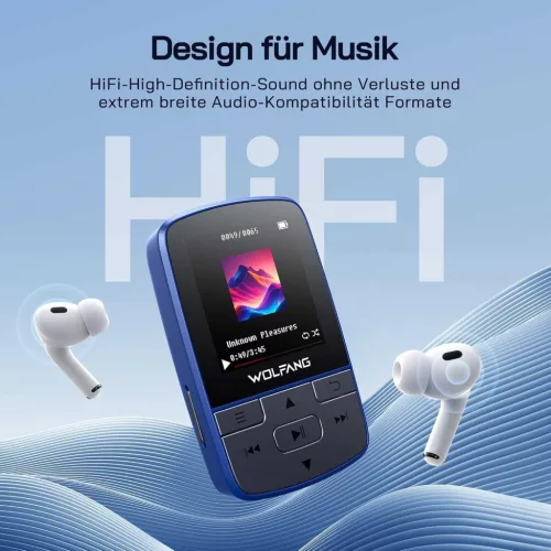 WOLFANG WMP01 MP3 Lejátszó, 64 GB, Bluetooth 5.2, Sportcsipesz, HiFi Veszteségmentes Hang, FM Rádió, Hangrögzítő, Mikro SD, Fejhallgató, Kék