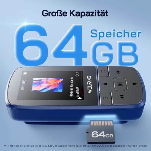 WOLFANG WMP01 MP3 Lejátszó, 64 GB, Bluetooth 5.2, Sportcsipesz, HiFi Veszteségmentes Hang, FM Rádió, Hangrögzítő, Mikro SD, Fejhallgató, Kék