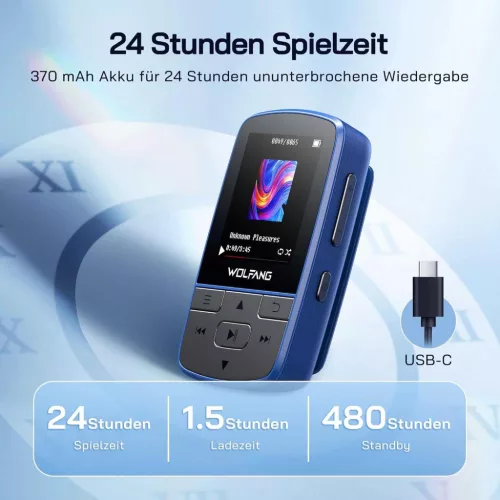 WOLFANG WMP01 MP3 Lejátszó, 64 GB, Bluetooth 5.2, Sportcsipesz, HiFi Veszteségmentes Hang, FM Rádió, Hangrögzítő, Mikro SD, Fejhallgató, Kék