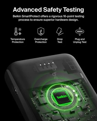 Belkin BoostCharge BPB011 Power Bank, 10000 mAh, 5 V, 3 A, 15 W Összteljesítmény, 3 Port, USB-C, 2x USB-A, Okostelefon Tablet Kompatibilis, Fekete