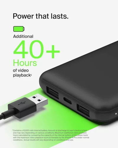 Belkin BoostCharge BPB011 Power Bank, 10000 mAh, 5 V, 3 A, 15 W Összteljesítmény, 3 Port, USB-C, 2x USB-A, Okostelefon Tablet Kompatibilis, Fekete