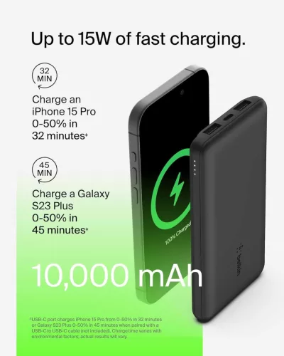 Belkin BoostCharge BPB011 Power Bank, 10000 mAh, 5 V, 3 A, 15 W Összteljesítmény, 3 Port, USB-C, 2x USB-A, Okostelefon Tablet Kompatibilis, Fekete