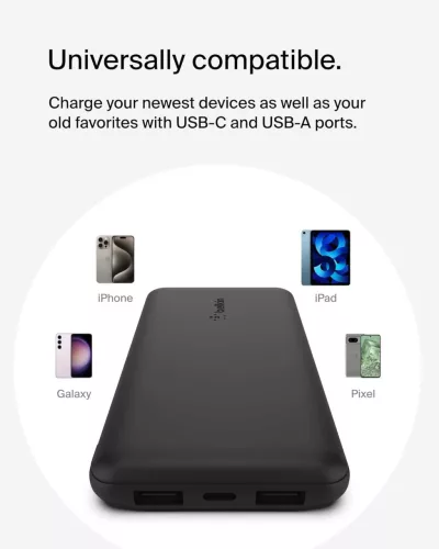 Belkin BoostCharge BPB011 Power Bank, 10000 mAh, 5 V, 3 A, 15 W Összteljesítmény, 3 Port, USB-C, 2x USB-A, Okostelefon Tablet Kompatibilis, Fekete
