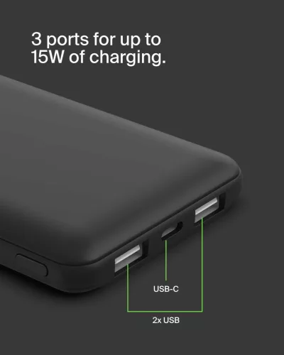 Belkin BoostCharge BPB011 Power Bank, 10000 mAh, 5 V, 3 A, 15 W Összteljesítmény, 3 Port, USB-C, 2x USB-A, Okostelefon Tablet Kompatibilis, Fekete