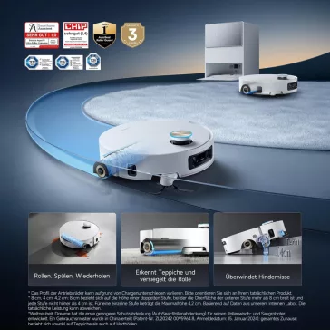   Dreame Aqua10 Ultra Roller Complete Robotporszívó és Felmosó, AquaRoll Felmosó, 8 cm Akadályleküzdés, 30 000 Pa, 100 °C-os Hengeröblítés, Automatikus Töltőállomás, Fehér