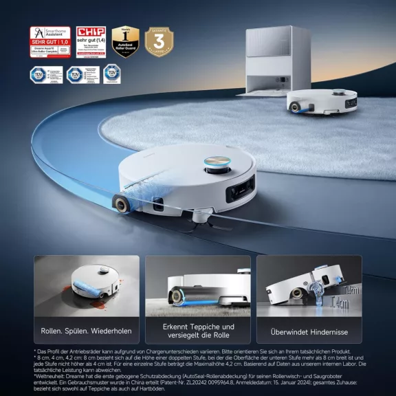 Dreame Aqua10 Ultra Roller Complete Robotporszívó és Felmosó, AquaRoll Felmosó, 8 cm Akadályleküzdés, 30 000 Pa, 100 °C-os Hengeröblítés, Automatikus Töltőállomás, Fehér