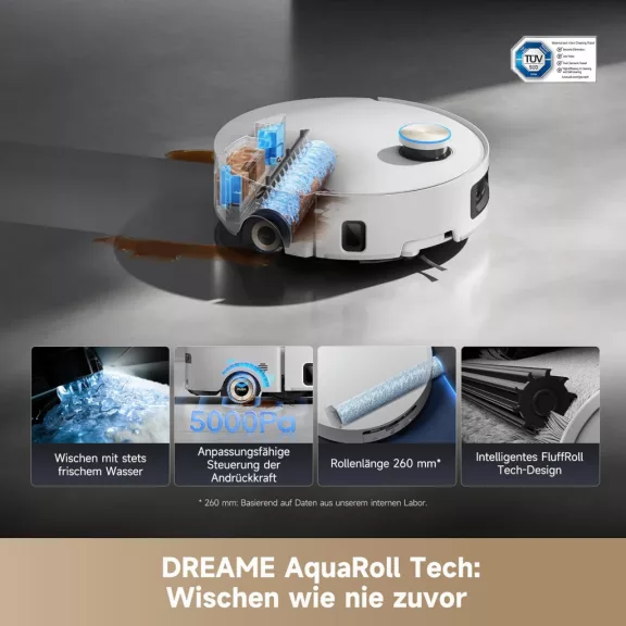 Dreame Aqua10 Ultra Roller Complete Robotporszívó és Felmosó, AquaRoll Felmosó, 8 cm Akadályleküzdés, 30 000 Pa, 100 °C-os Hengeröblítés, Automatikus Töltőállomás, Fehér