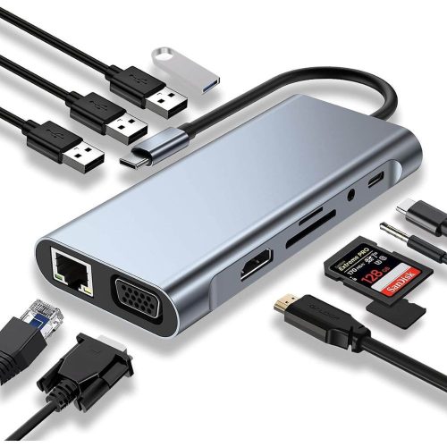 SZPACMATE 11 az 1-ben USB C HUB Dokkolóállomás, 4K HDMI és VGA támogatással (Szürke)
