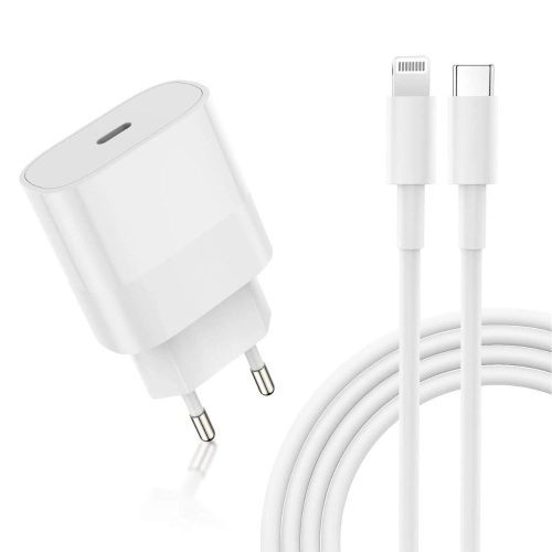 Jeenek 20W USB-C Gyors Töltő iPhone 14, 13-hoz, 2 Méteres Lightning Kábellel (Fehér)