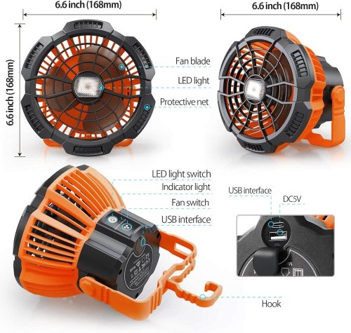 Karvipark X10 Hordozható Kemping Ventilátor LED Fénnyel, USB Töltésű (Narancssárga)
