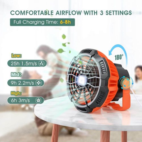 Karvipark X10 Hordozható Kemping Ventilátor LED Fénnyel, USB Töltésű (Narancssárga)