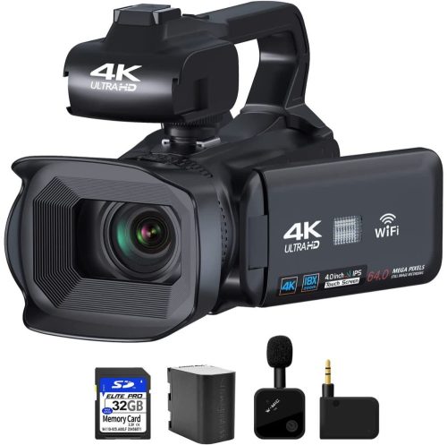 LEQTRONIQ  Digitális videokamera, ultra HD, 64 mpx, 60 fps, 4 hüvelykes képernyő, érintőképernyő, 18x zoom, 32 GB-os kártya mellékelve, fekete